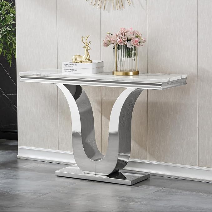 U Base - White & Silver Faux Marble Console Table