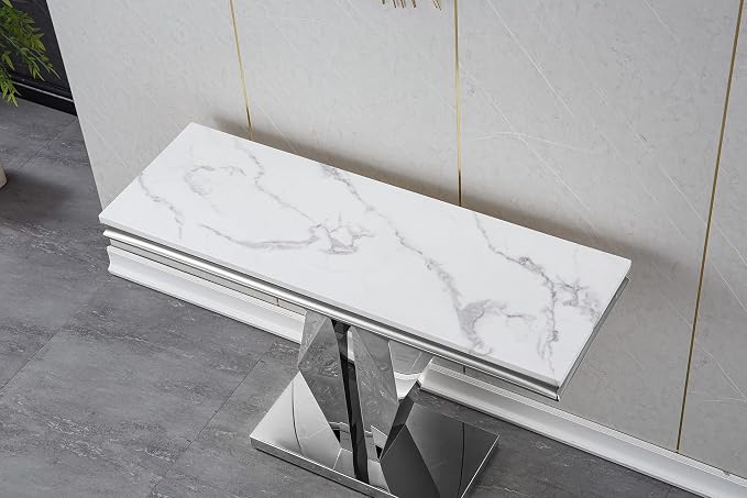 Faux Marble Console Table - White & Silver