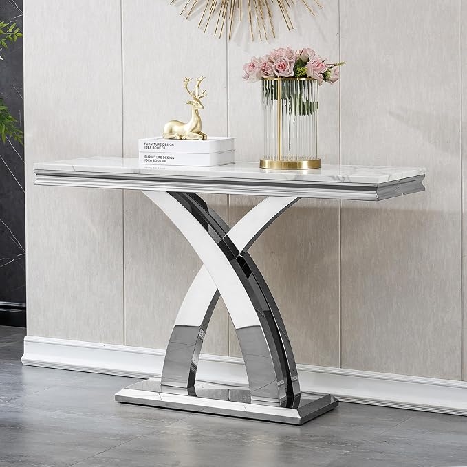 X-shape Base Console Table - White & Silver