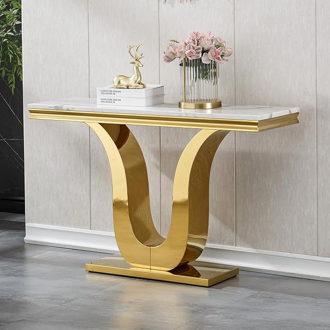 U Base - White & Gold Faux Marble Console Table