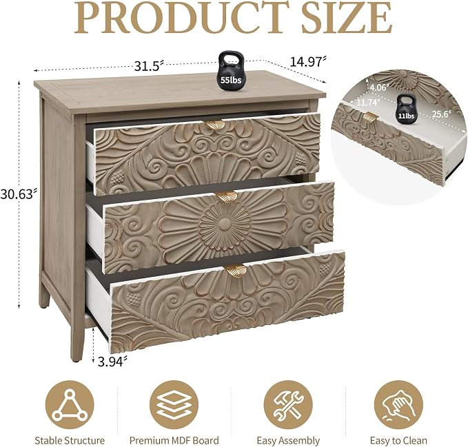Vintage 3 Drawer Cabinet - 1 Pc