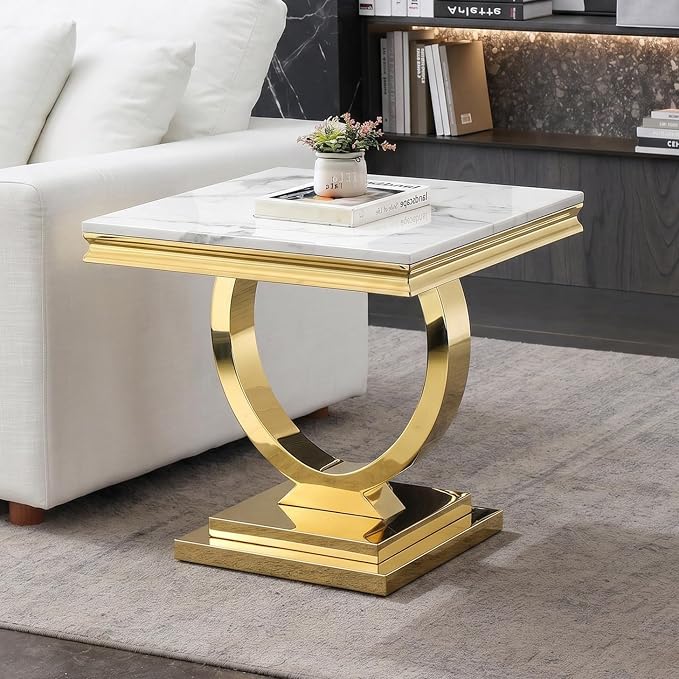 White & Gold Faux Marble End Table