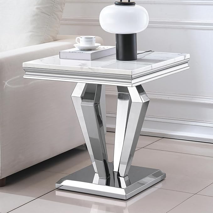Diamond Base End Table - White & Silver