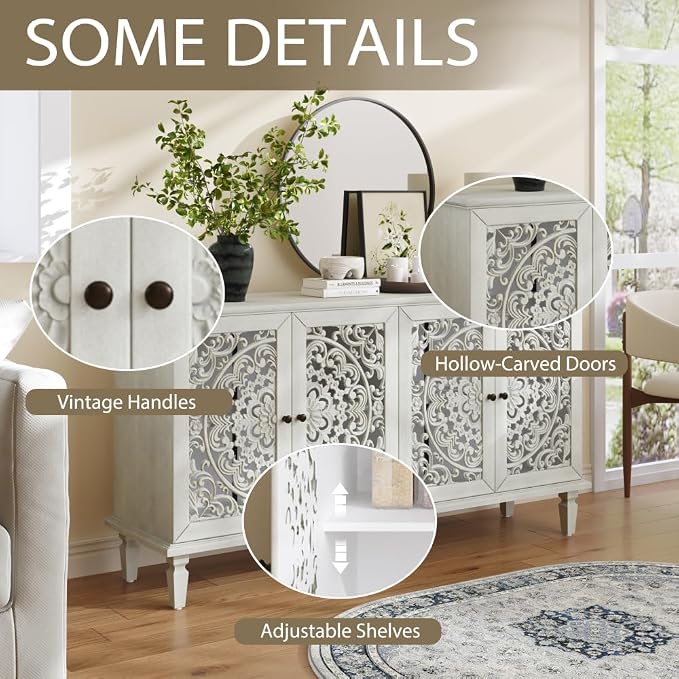 Antique Grey White + Hlollow Carved Design + Solid Wood+mdf