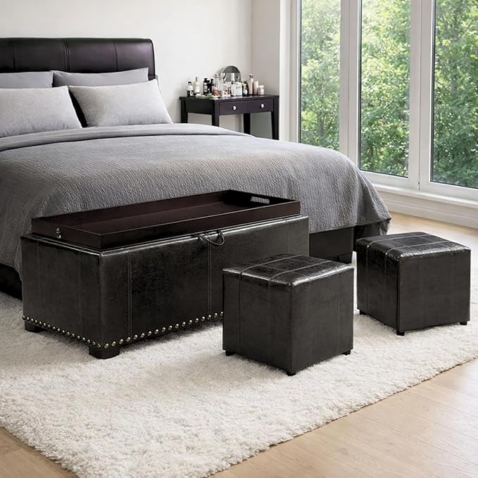 Vegan Leather-black With 2 Ottomans 40'' W