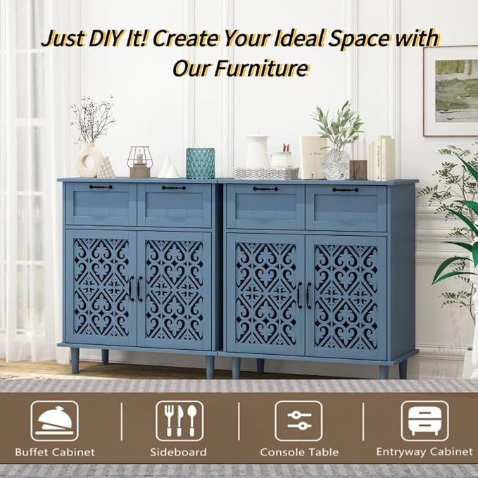 2 Set Blue 2 Door 2 Drawer Cabinet
