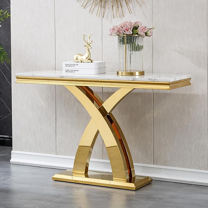 X-shape Base Console Table - White & Gold