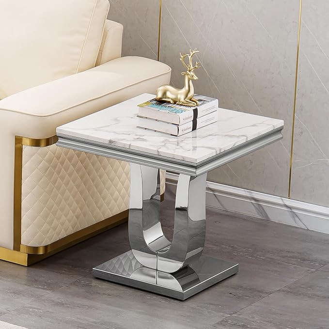 U Base - White & Silver Faux Marble End Table