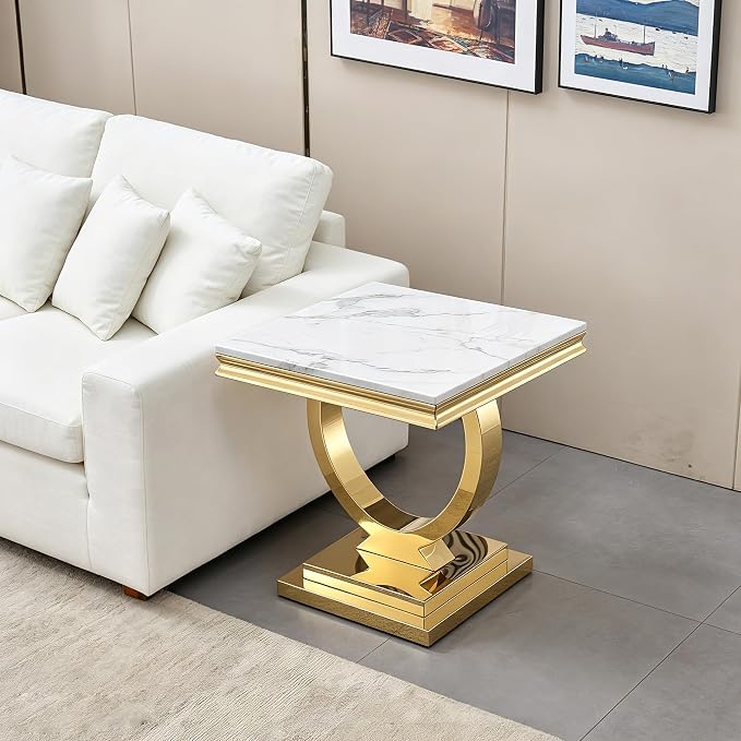 White & Gold Faux Marble End Table