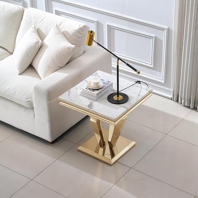Diamond Base End Table - White & Gold
