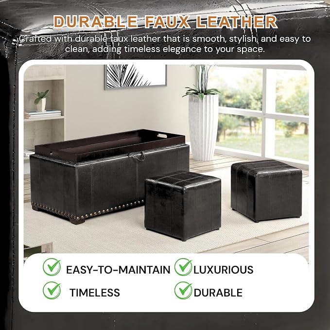 Vegan Leather-black With 2 Ottomans 40'' W
