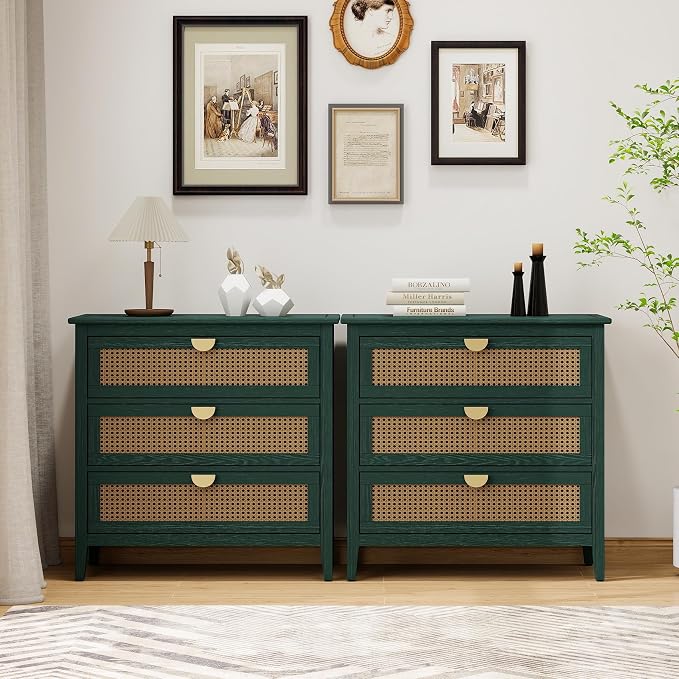 Green Rattan 3 Drawer Cabinet, 2 Pcs