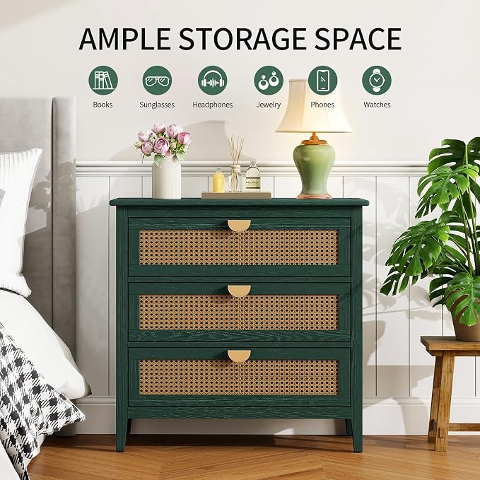 Green Rattan 3 Drawer Cabinet, 1 Pcs