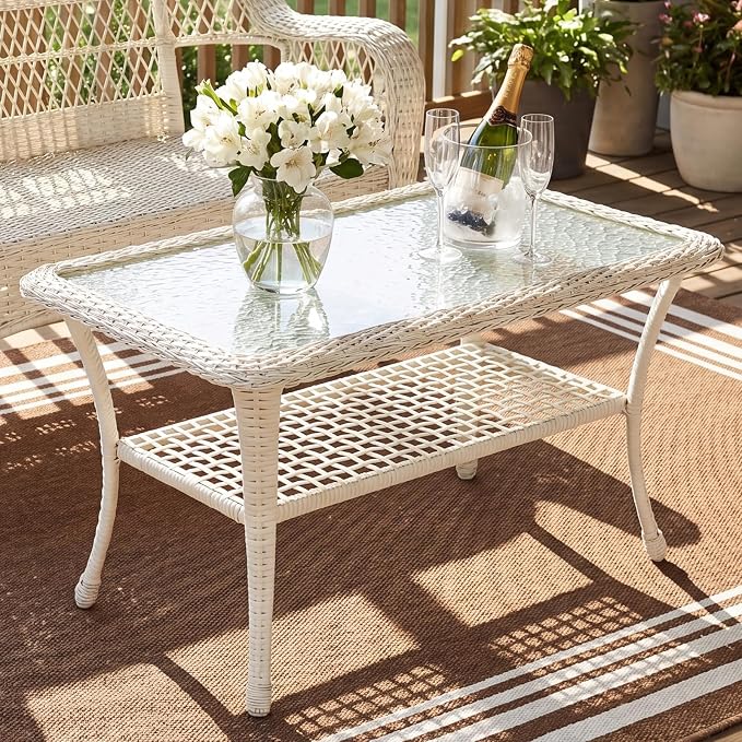 Cream White Wicker/Glass Top