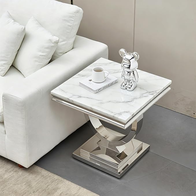 White & Silver Faux Marble End Table
