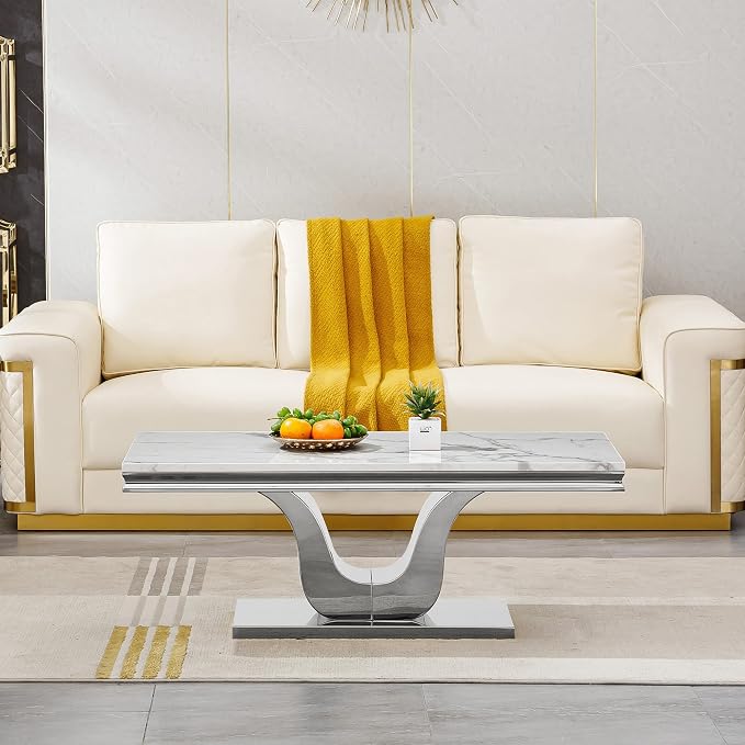 U Base - White & Silver Faux Marble Coffee Table