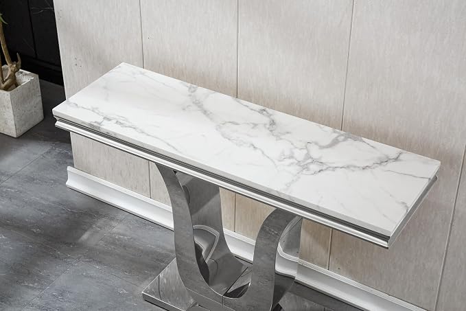U Base - White & Silver Faux Marble Console Table