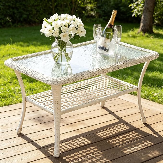 Cream White Wicker/Glass Top
