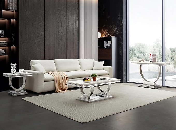 White & Silver Faux Marble End Table