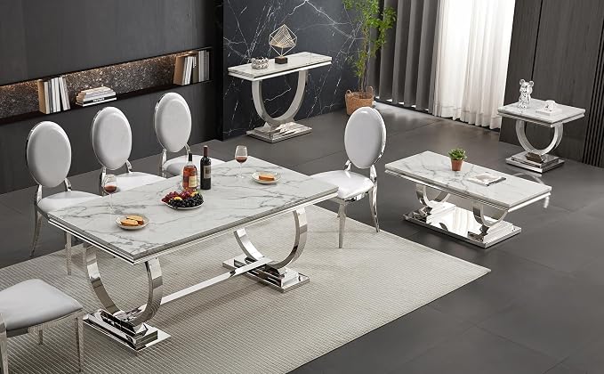 White & Silver Faux Marble Console Table