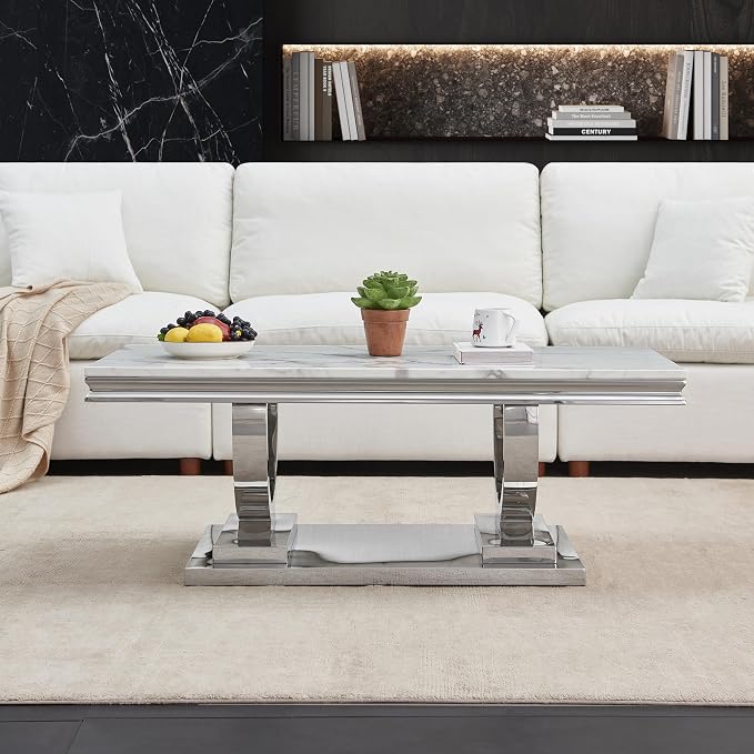 White & Silver Faux Marble Coffee Table