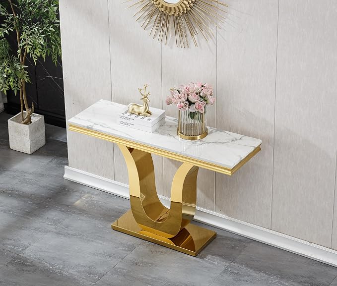 U Base - White & Gold Faux Marble Console Table