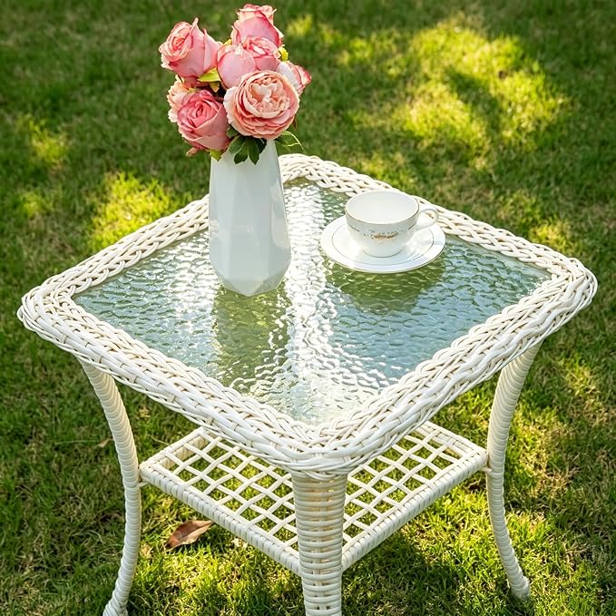 Cream White Wicker/Glass Top