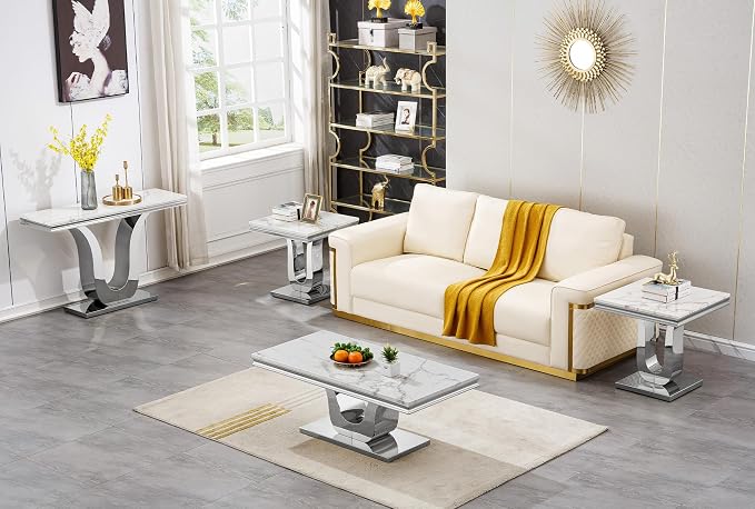 U Base - White & Silver Faux Marble End Table
