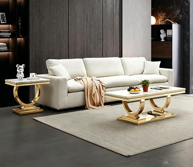 White & Gold Faux Marble Coffee Table