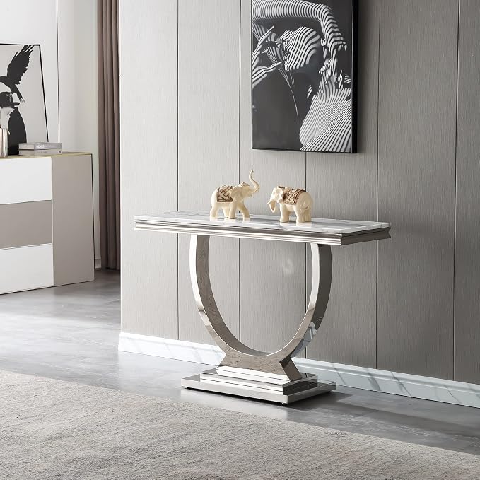 White & Silver Faux Marble Console Table