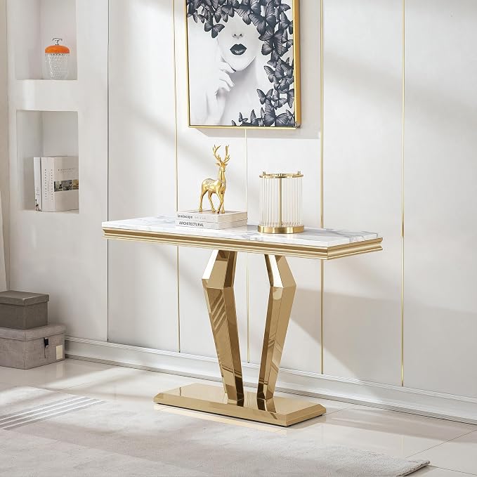 Diamond Base Console Table - White & Gold