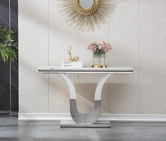 U Base - White & Silver Faux Marble Console Table