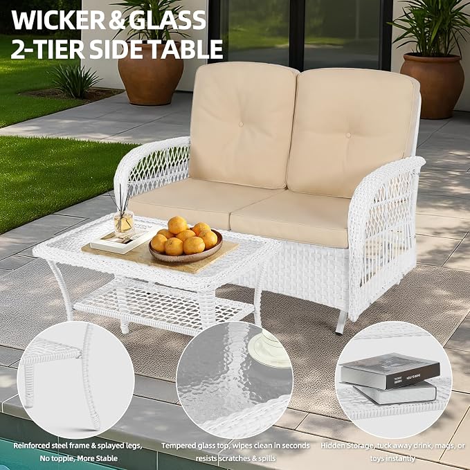 White Wicker/Glass Top