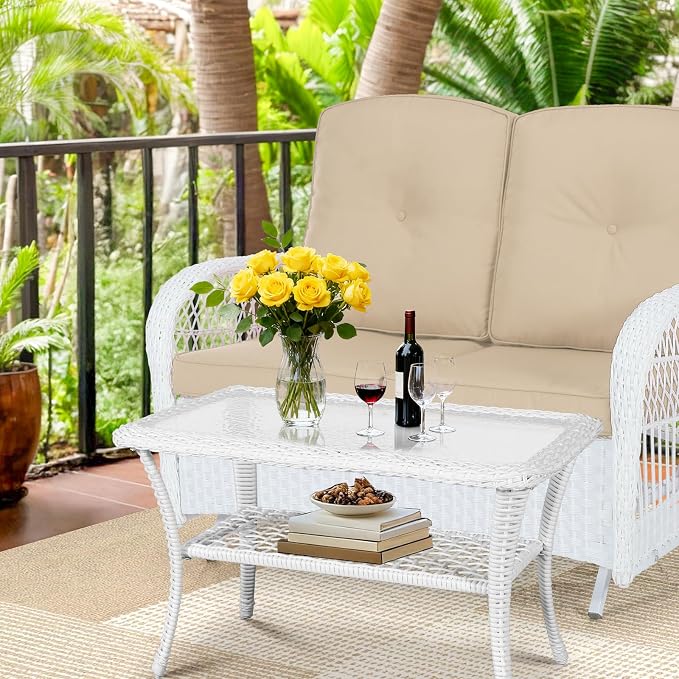 White Wicker/Glass Top