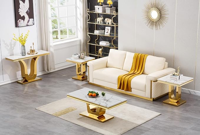 U Base - White & Gold Faux Marble End Table