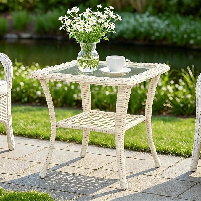 Cream White Wicker/Glass Top