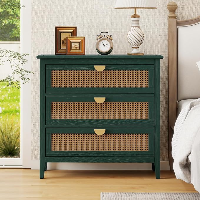 Green Rattan 3 Drawer Cabinet, 1 Pcs