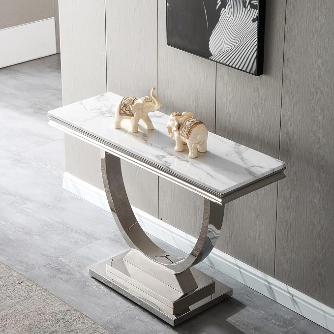 White & Silver Faux Marble Console Table