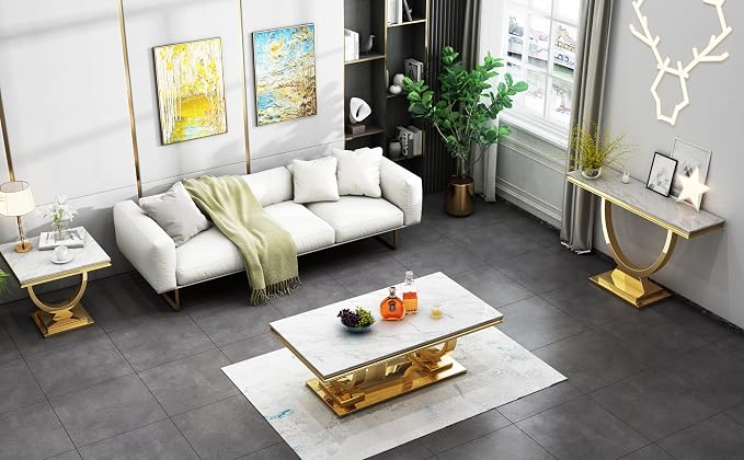 White & Gold Faux Marble Console Table