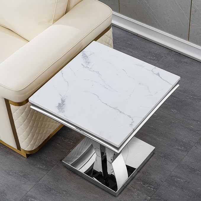 Faux Marble End Table - White & Silver