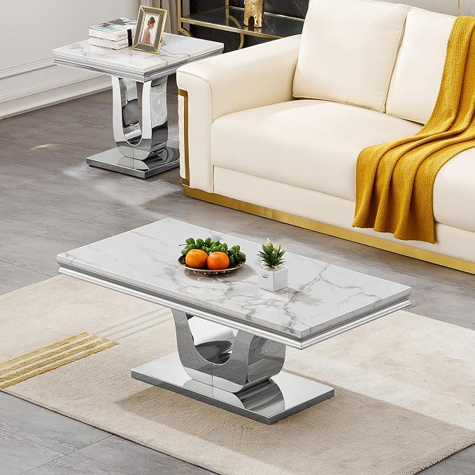 U Base - White & Silver Faux Marble Coffee Table