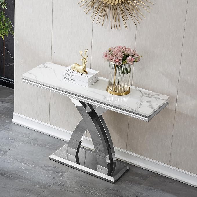 X-shape Base Console Table - White & Silver