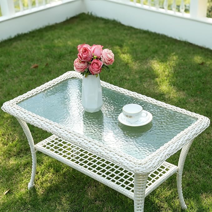 Cream White Wicker/Glass Top