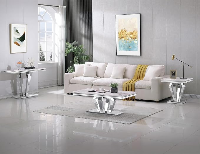 Diamond Base Console Table - White & Silver