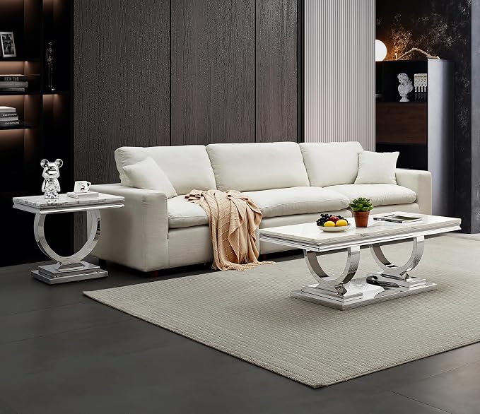 White & Silver Faux Marble Coffee Table
