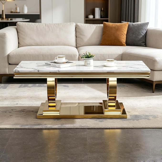 White & Gold Faux Marble Coffee Table