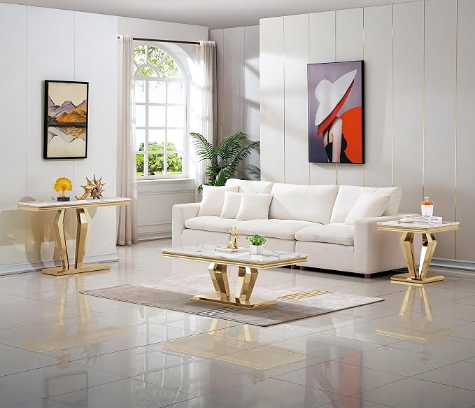 Diamond Base Console Table - White & Gold