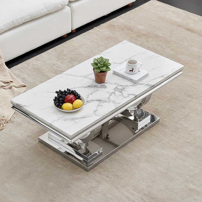 White & Silver Faux Marble Coffee Table