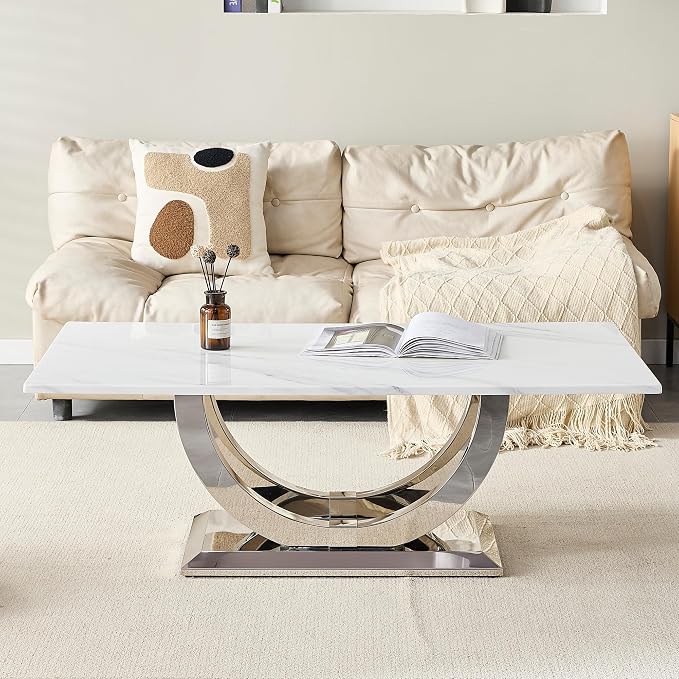 White Faux Marble & Silver - Coffee Table