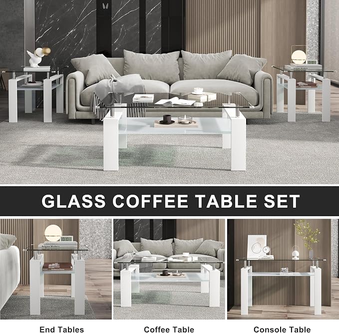 Clear White Table + White End Table + White Console Table